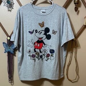Disney Gray Tee with Mickey Mouse and Colorful Butterflies